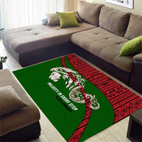 Tajikistan Green Lion Area Rug with Red Folk Pattern with Majestic Script