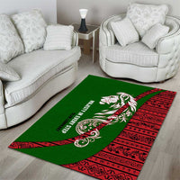 Tajikistan Green Lion Area Rug with Red Folk Pattern with Majestic Script