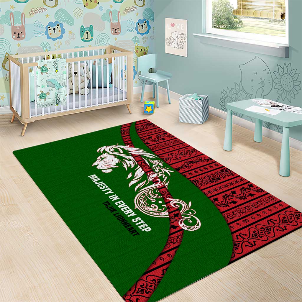 Tajikistan Green Lion Area Rug with Red Folk Pattern with Majestic Script