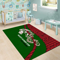 Tajikistan Green Lion Area Rug with Red Folk Pattern with Majestic Script