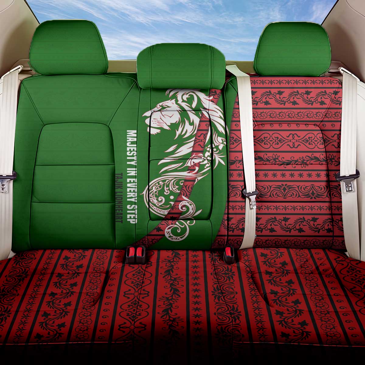 Tajikistan Green Lion Back Car Seat Cover with Red Folk Pattern with Majestic Script