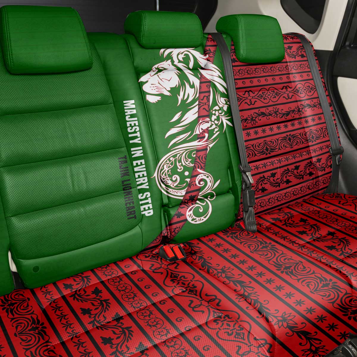 Tajikistan Green Lion Back Car Seat Cover with Red Folk Pattern with Majestic Script