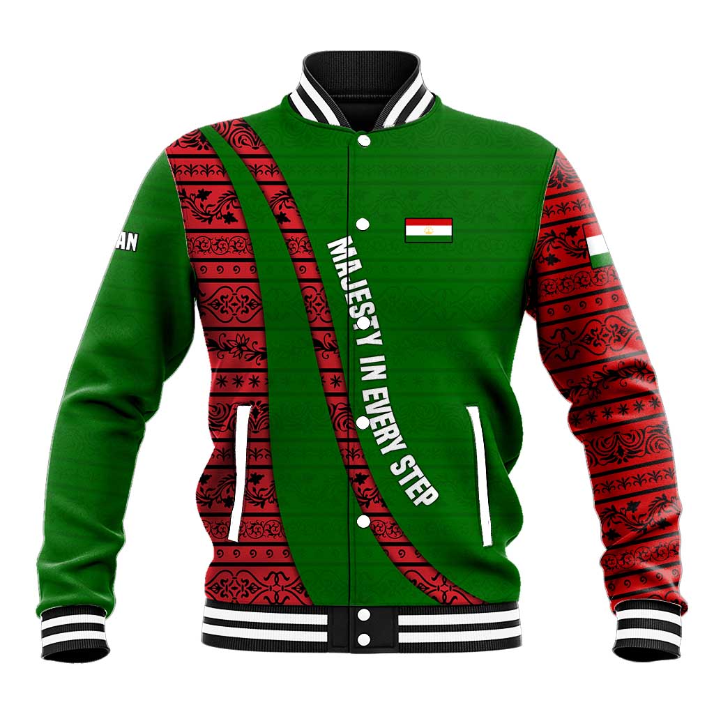Tajikistan Green Lion Baseball Jacket with Red Folk Pattern with Majestic Script