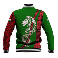 Tajikistan Green Lion Baseball Jacket with Red Folk Pattern with Majestic Script