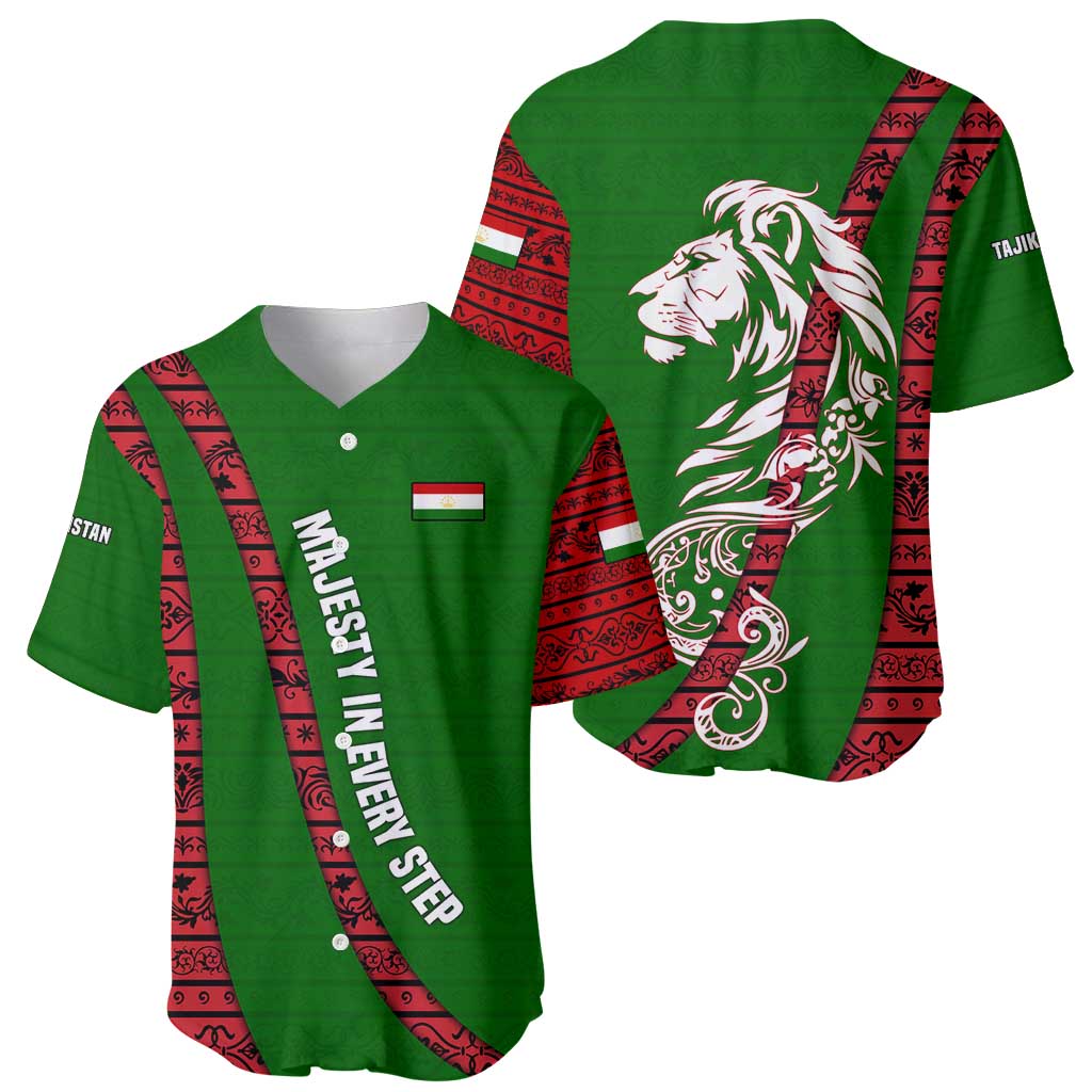Tajikistan Green Lion Baseball Jersey with Red Folk Pattern with Majestic Script