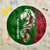Tajikistan Green Lion Beach Blanket with Red Folk Pattern with Majestic Script