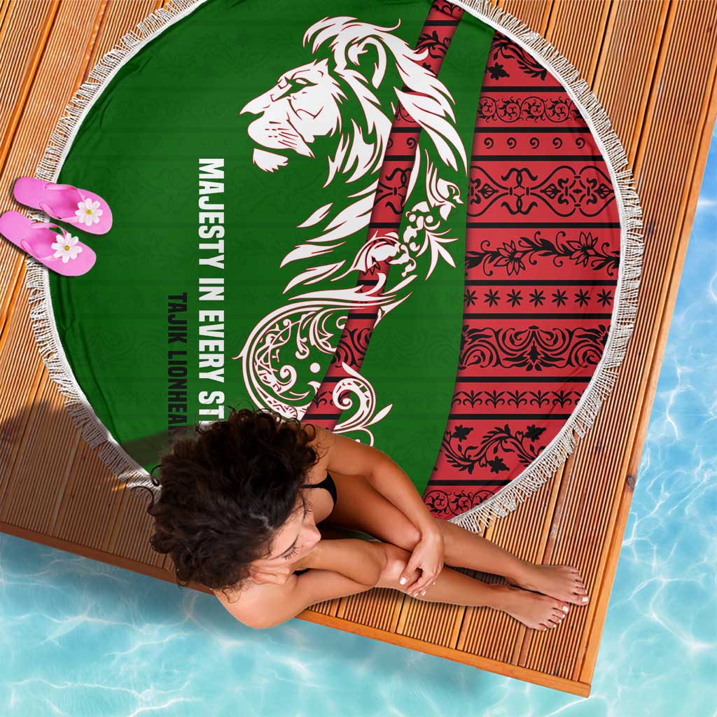 Tajikistan Green Lion Beach Blanket with Red Folk Pattern with Majestic Script