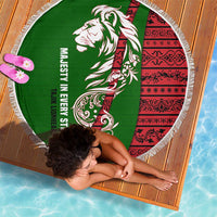 Tajikistan Green Lion Beach Blanket with Red Folk Pattern with Majestic Script