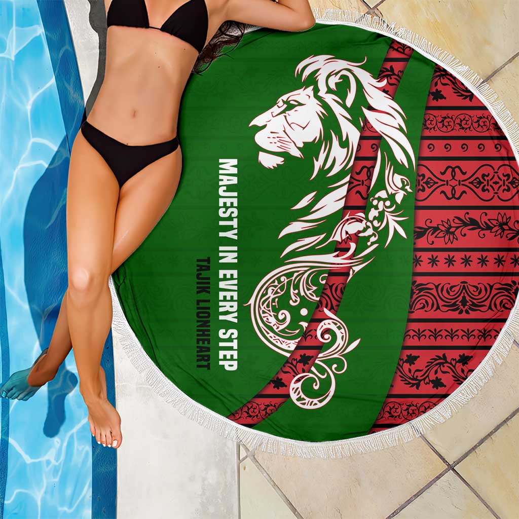 Tajikistan Green Lion Beach Blanket with Red Folk Pattern with Majestic Script