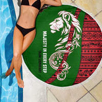 Tajikistan Green Lion Beach Blanket with Red Folk Pattern with Majestic Script