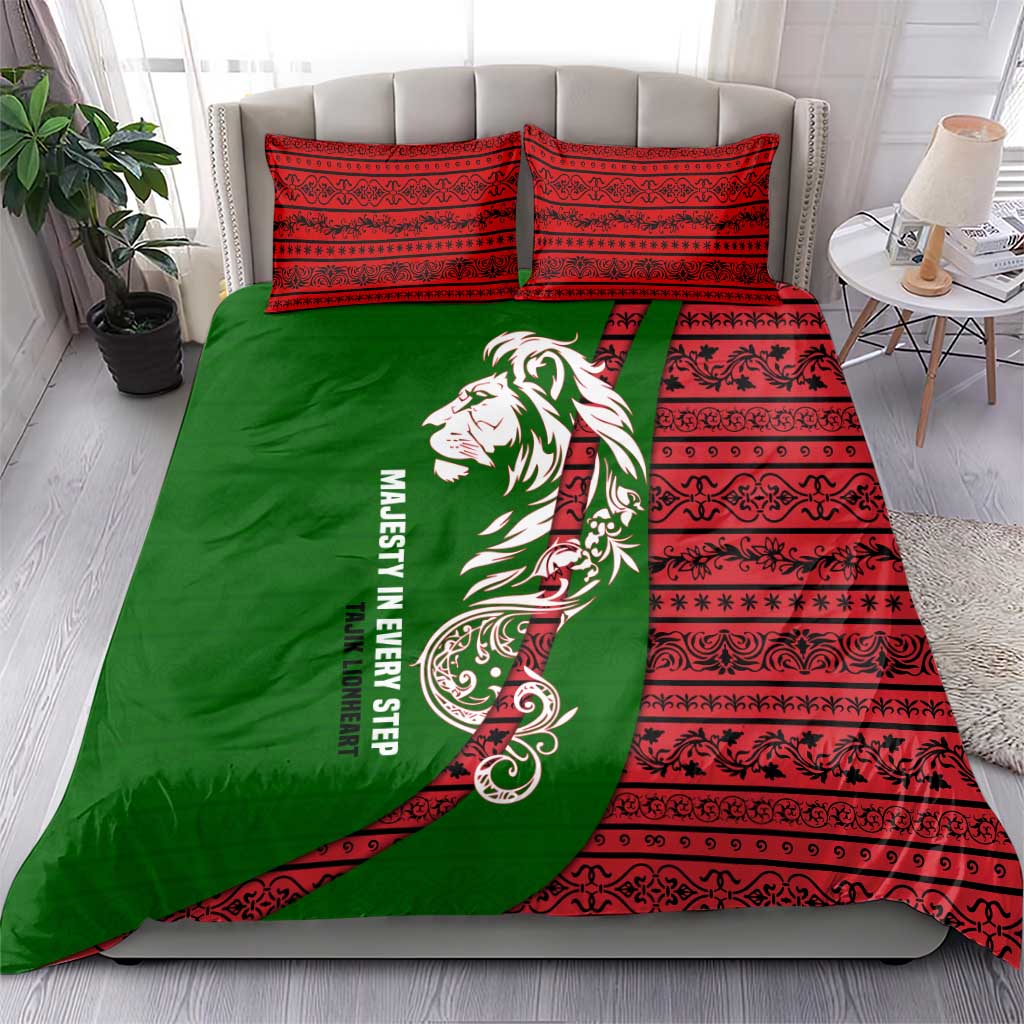 Tajikistan Green Lion Bedding Set with Red Folk Pattern with Majestic Script