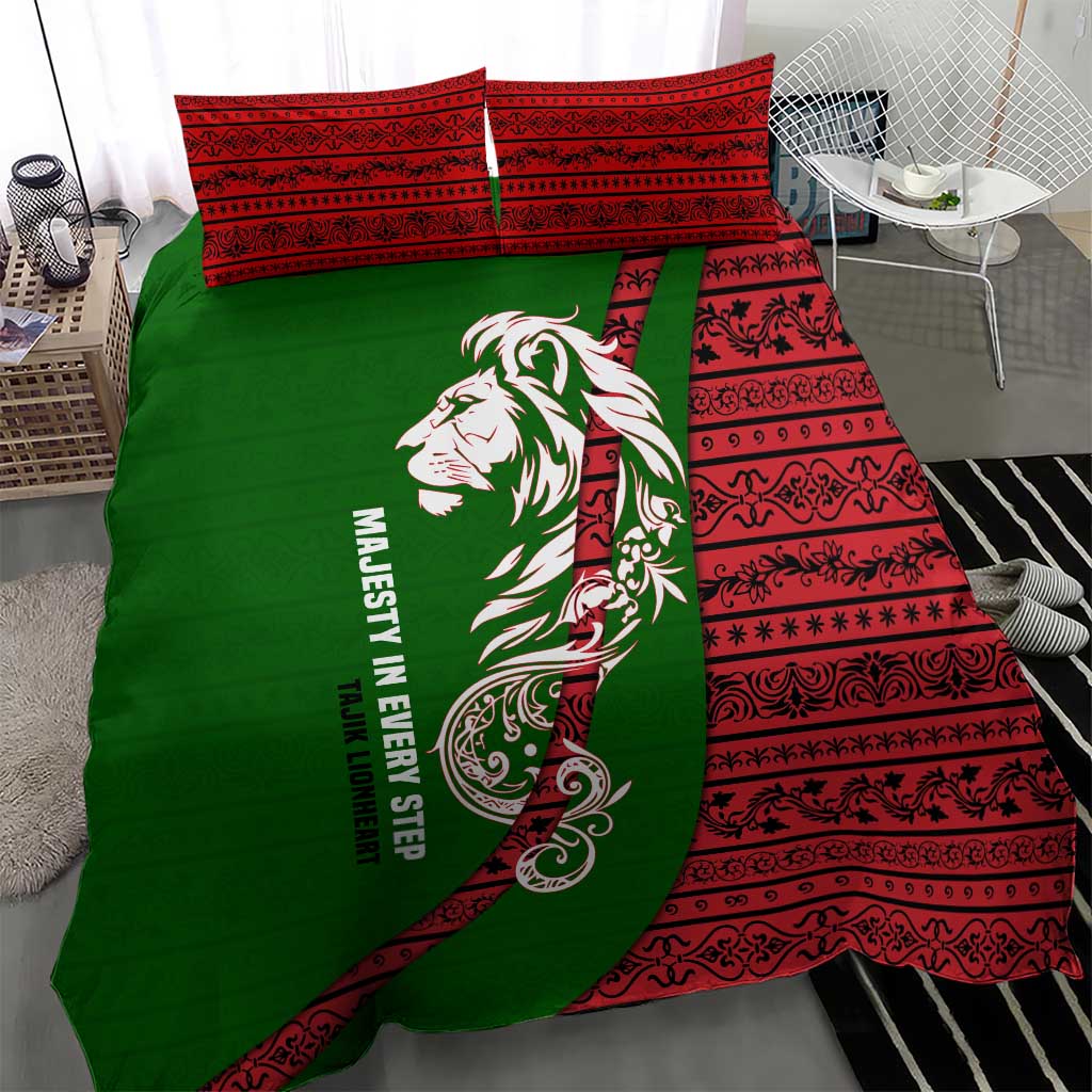 Tajikistan Green Lion Bedding Set with Red Folk Pattern with Majestic Script