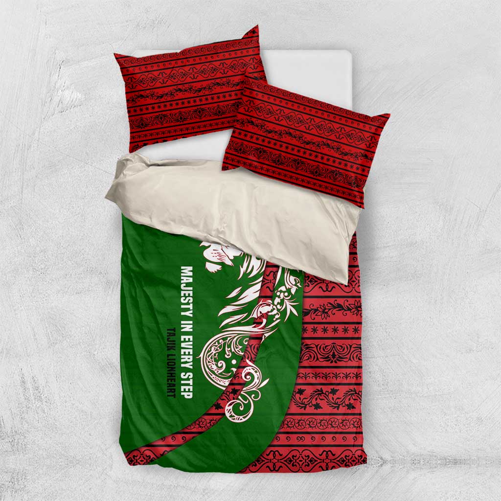 Tajikistan Green Lion Bedding Set with Red Folk Pattern with Majestic Script