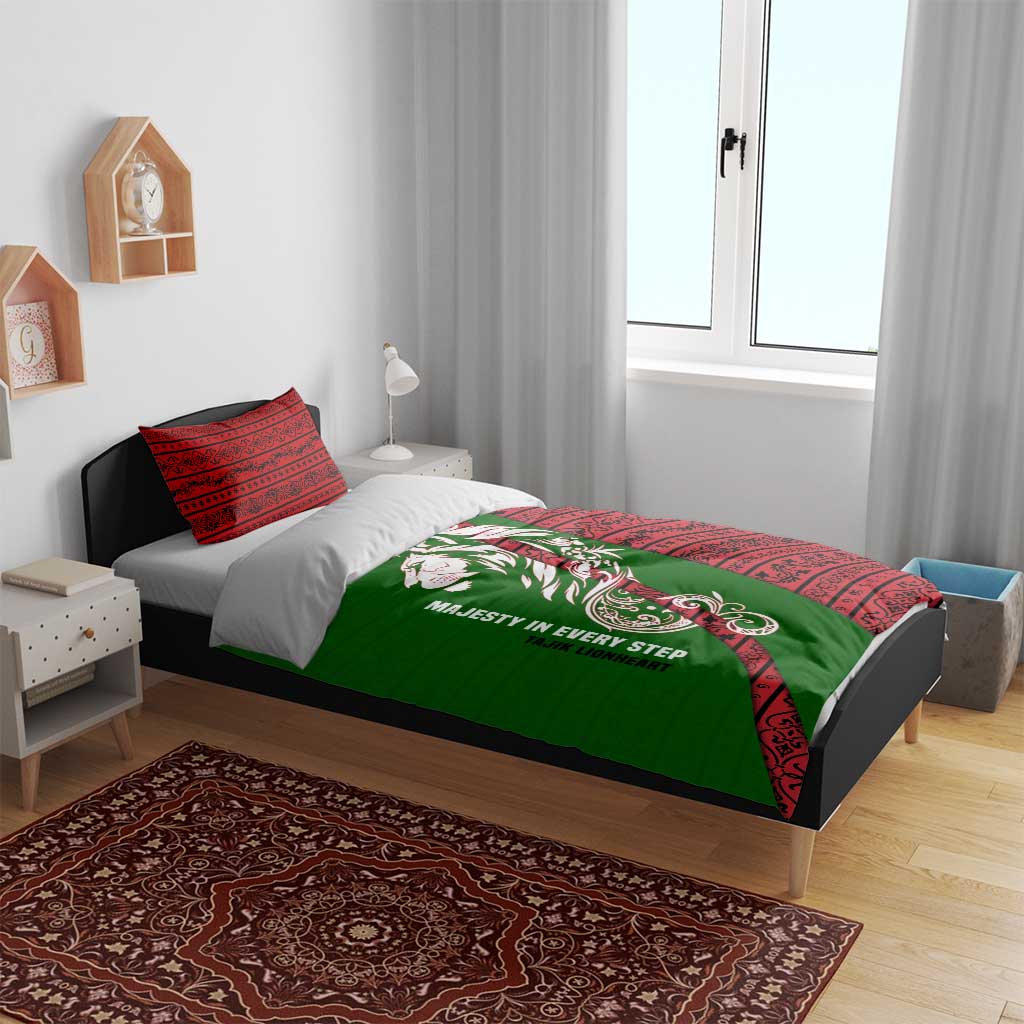 Tajikistan Green Lion Bedding Set with Red Folk Pattern with Majestic Script