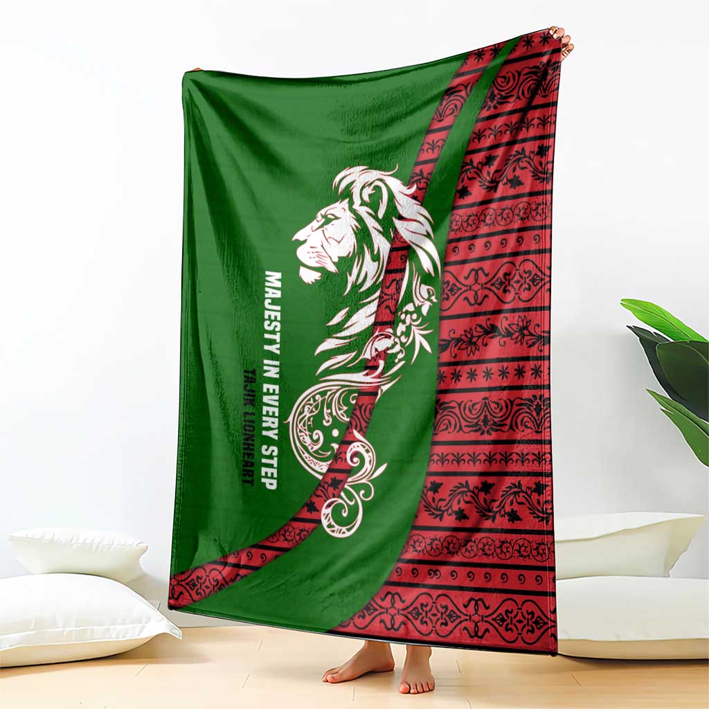 Tajikistan Green Lion Blanket with Red Folk Pattern with Majestic Script