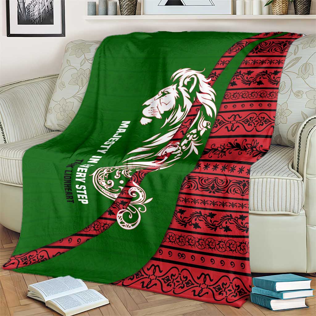 Tajikistan Green Lion Blanket with Red Folk Pattern with Majestic Script