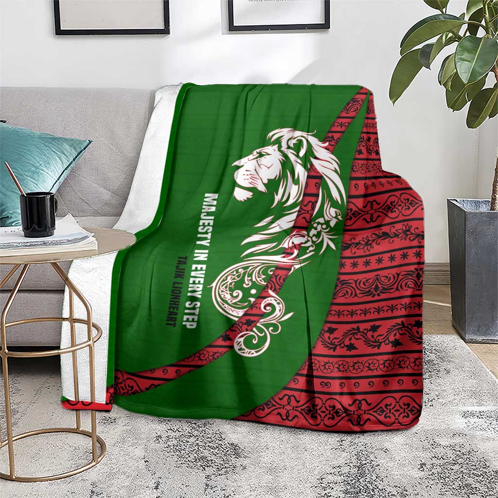 Tajikistan Green Lion Blanket with Red Folk Pattern with Majestic Script