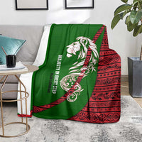 Tajikistan Green Lion Blanket with Red Folk Pattern with Majestic Script