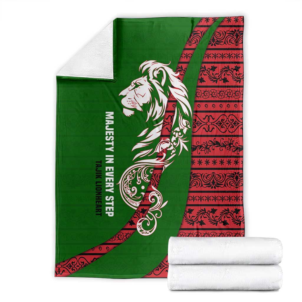 Tajikistan Green Lion Blanket with Red Folk Pattern with Majestic Script