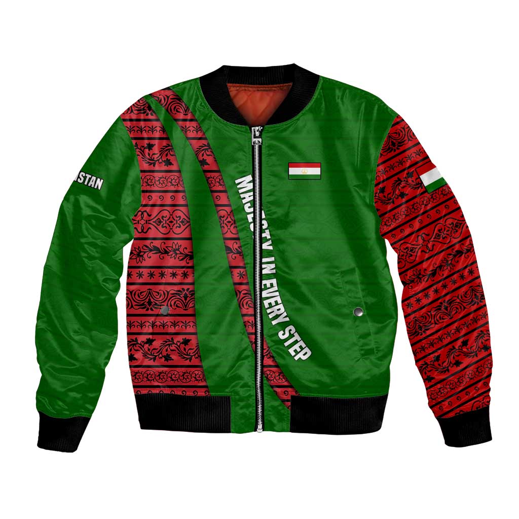 Tajikistan Green Lion Bomber Jacket with Red Folk Pattern with Majestic Script