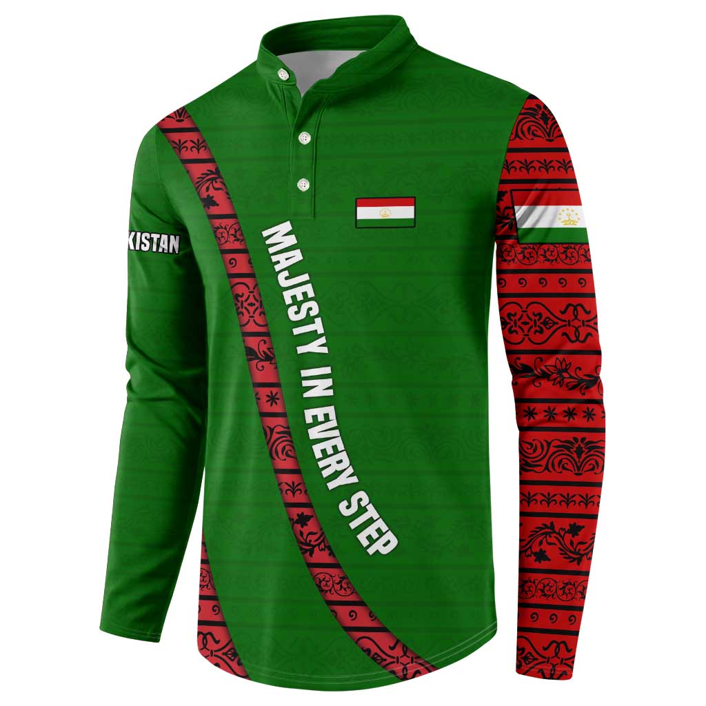 Tajikistan Green Lion Button Sweatshirt with Red Folk Pattern with Majestic Script