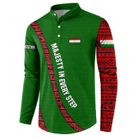 Tajikistan Green Lion Button Sweatshirt with Red Folk Pattern with Majestic Script