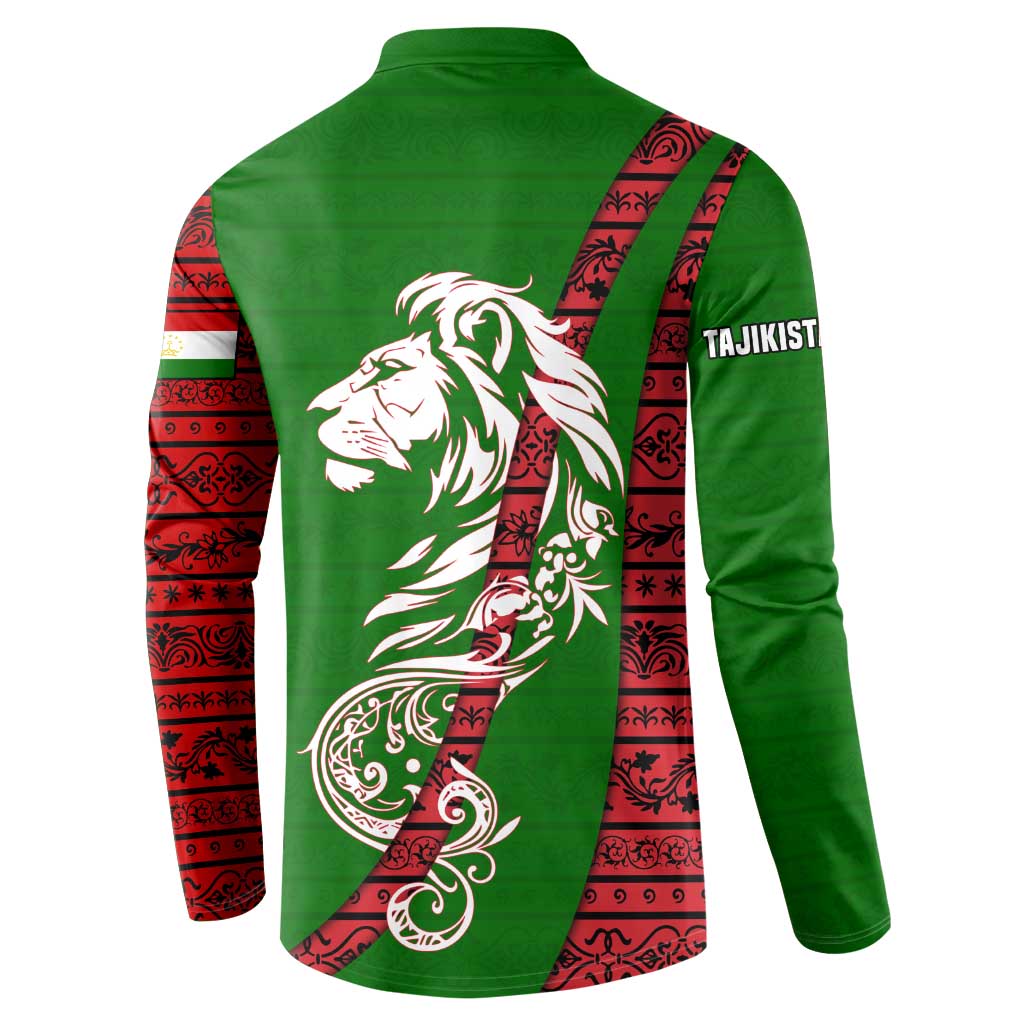 Tajikistan Green Lion Button Sweatshirt with Red Folk Pattern with Majestic Script