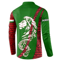 Tajikistan Green Lion Button Sweatshirt with Red Folk Pattern with Majestic Script