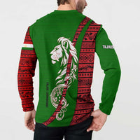 Tajikistan Green Lion Button Sweatshirt with Red Folk Pattern with Majestic Script