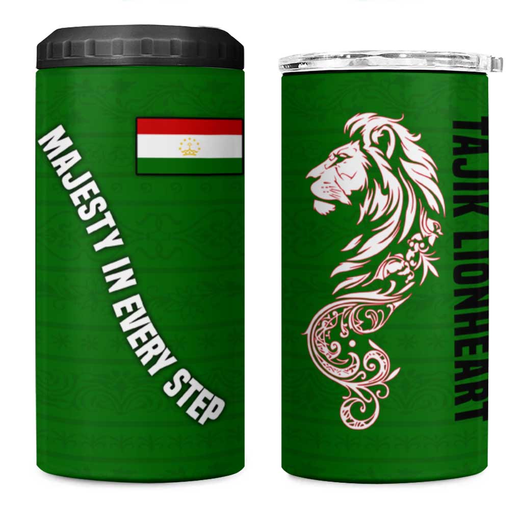Tajikistan Green Lion 4 in 1 Can Cooler Tumbler with Red Folk Pattern with Majestic Script