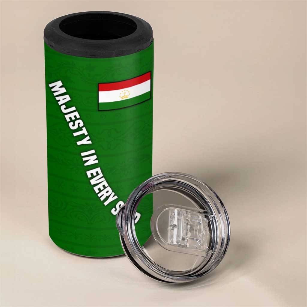 Tajikistan Green Lion 4 in 1 Can Cooler Tumbler with Red Folk Pattern with Majestic Script