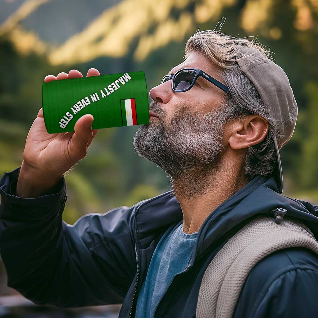 Tajikistan Green Lion 4 in 1 Can Cooler Tumbler with Red Folk Pattern with Majestic Script