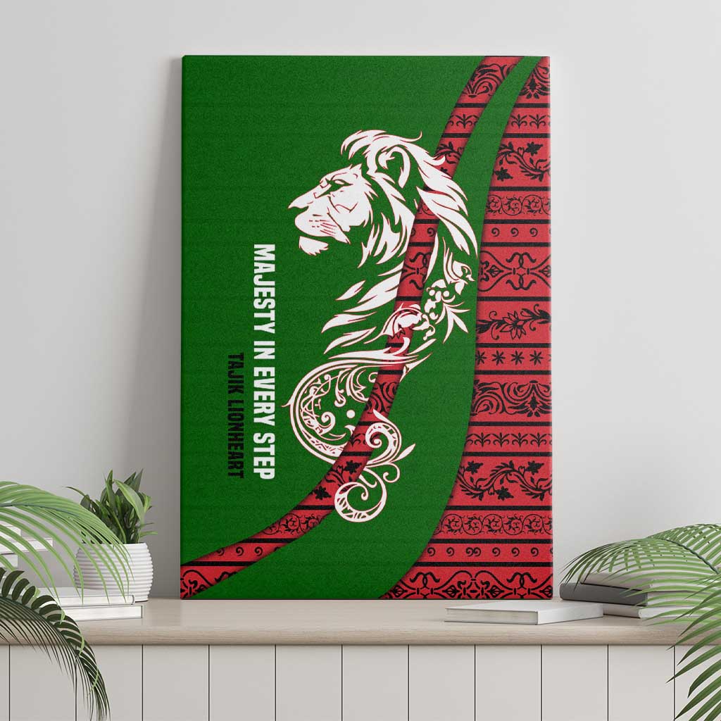 Tajikistan Green Lion Canvas Wall Art with Red Folk Pattern with Majestic Script