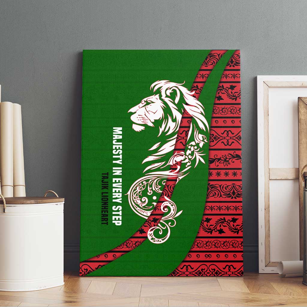 Tajikistan Green Lion Canvas Wall Art with Red Folk Pattern with Majestic Script