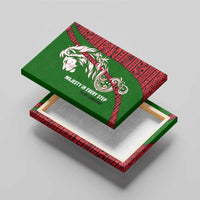 Tajikistan Green Lion Canvas Wall Art with Red Folk Pattern with Majestic Script