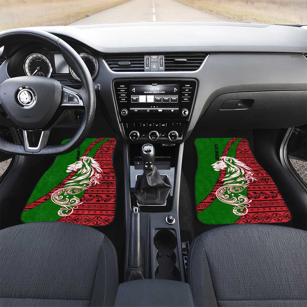Tajikistan Green Lion Car Mats with Red Folk Pattern with Majestic Script