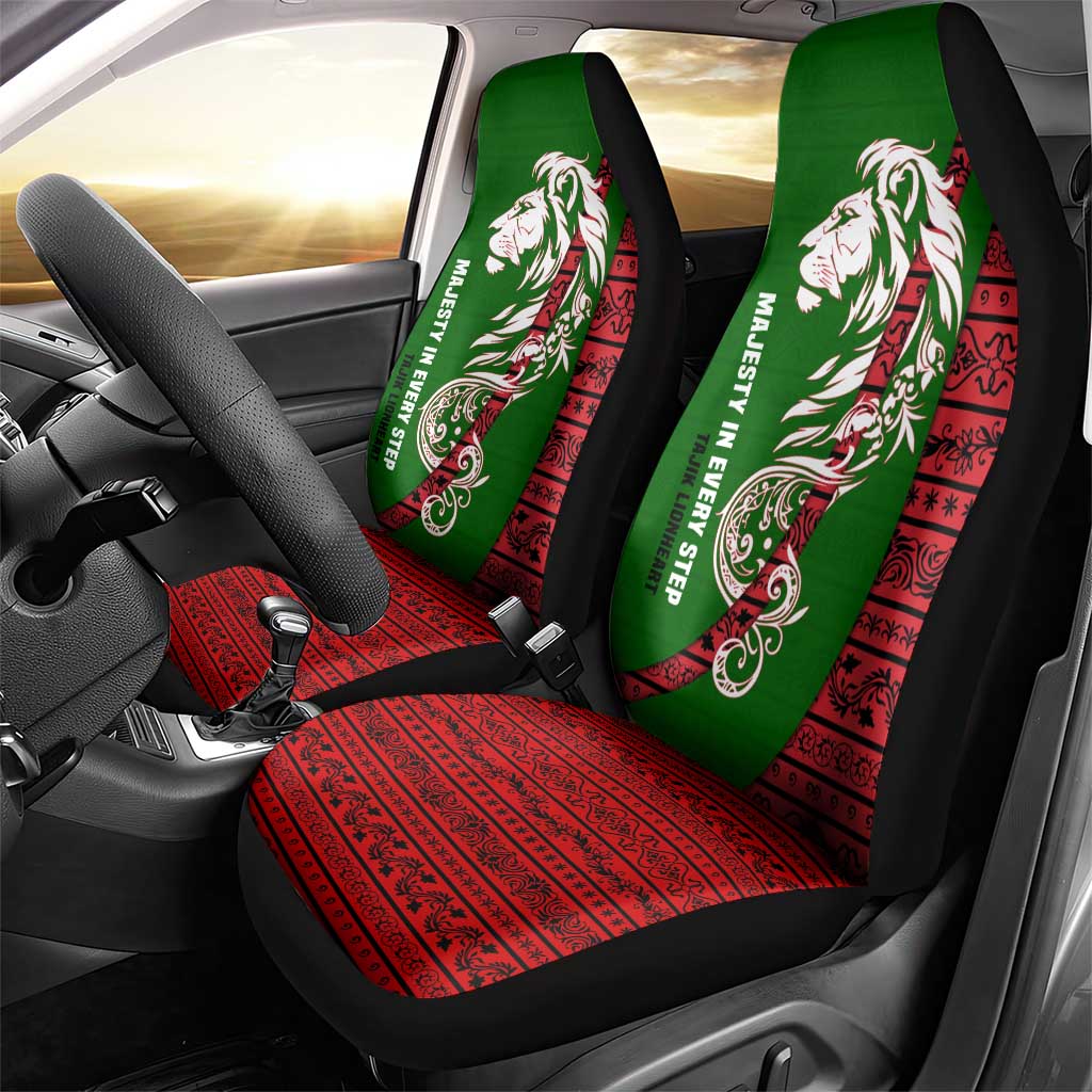 Tajikistan Green Lion Car Seat Cover with Red Folk Pattern with Majestic Script