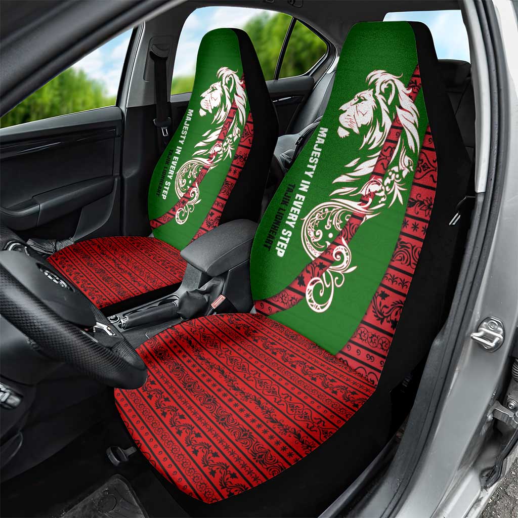 Tajikistan Green Lion Car Seat Cover with Red Folk Pattern with Majestic Script
