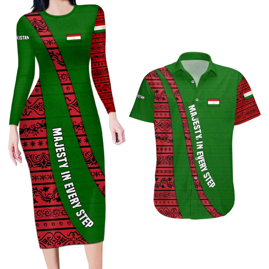 Tajikistan Green Lion Couples Matching Long Sleeve Bodycon Dress and Hawaiian Shirt with Red Folk Pattern with Majestic Script