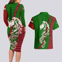 Tajikistan Green Lion Couples Matching Long Sleeve Bodycon Dress and Hawaiian Shirt with Red Folk Pattern with Majestic Script