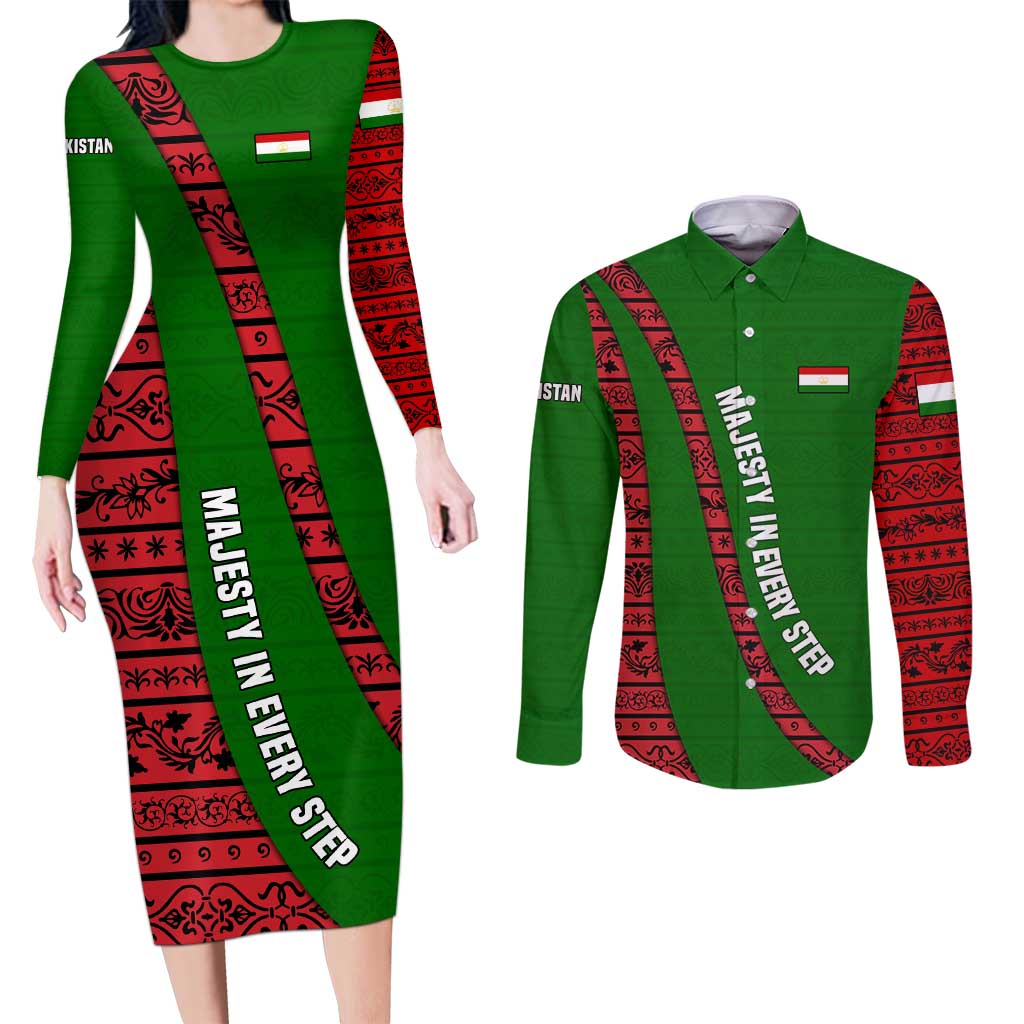 Tajikistan Green Lion Couples Matching Long Sleeve Bodycon Dress and Long Sleeve Button Shirt with Red Folk Pattern with Majestic Script