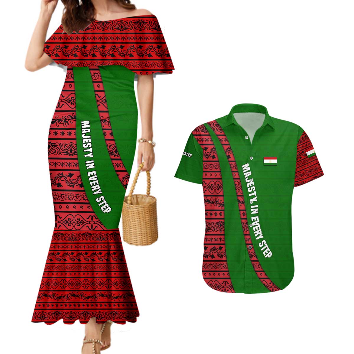 Tajikistan Green Lion Couples Matching Mermaid Dress and Hawaiian Shirt with Red Folk Pattern with Majestic Script