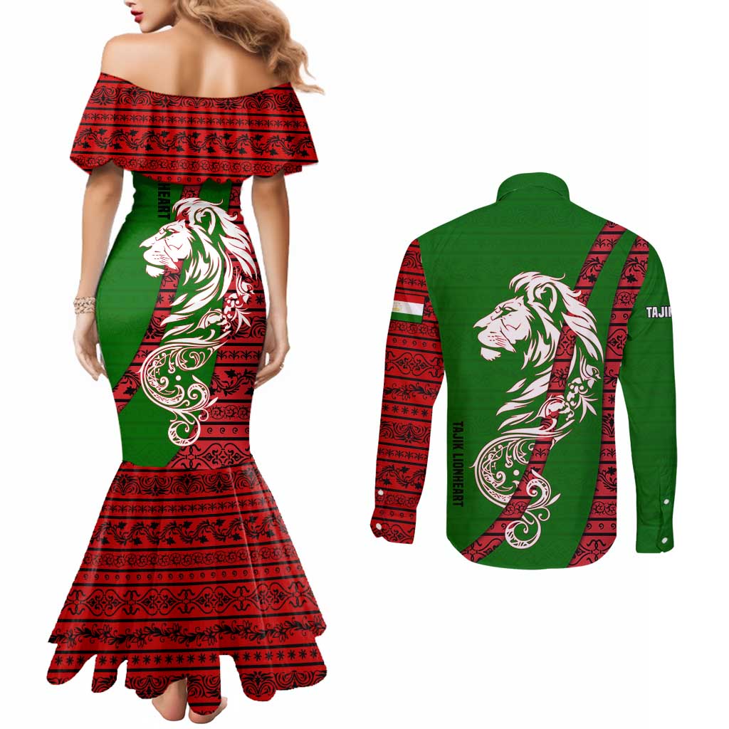 Tajikistan Green Lion Couples Matching Mermaid Dress and Long Sleeve Button Shirt with Red Folk Pattern with Majestic Script