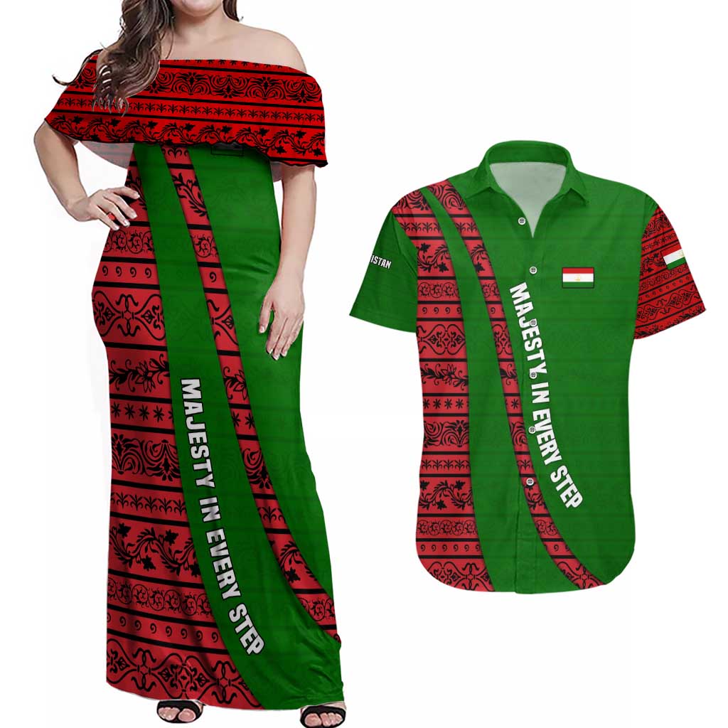 Tajikistan Green Lion Couples Matching Off Shoulder Maxi Dress and Hawaiian Shirt with Red Folk Pattern with Majestic Script