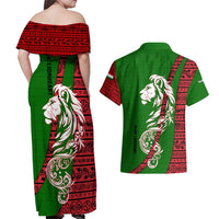 Tajikistan Green Lion Couples Matching Off Shoulder Maxi Dress and Hawaiian Shirt with Red Folk Pattern with Majestic Script