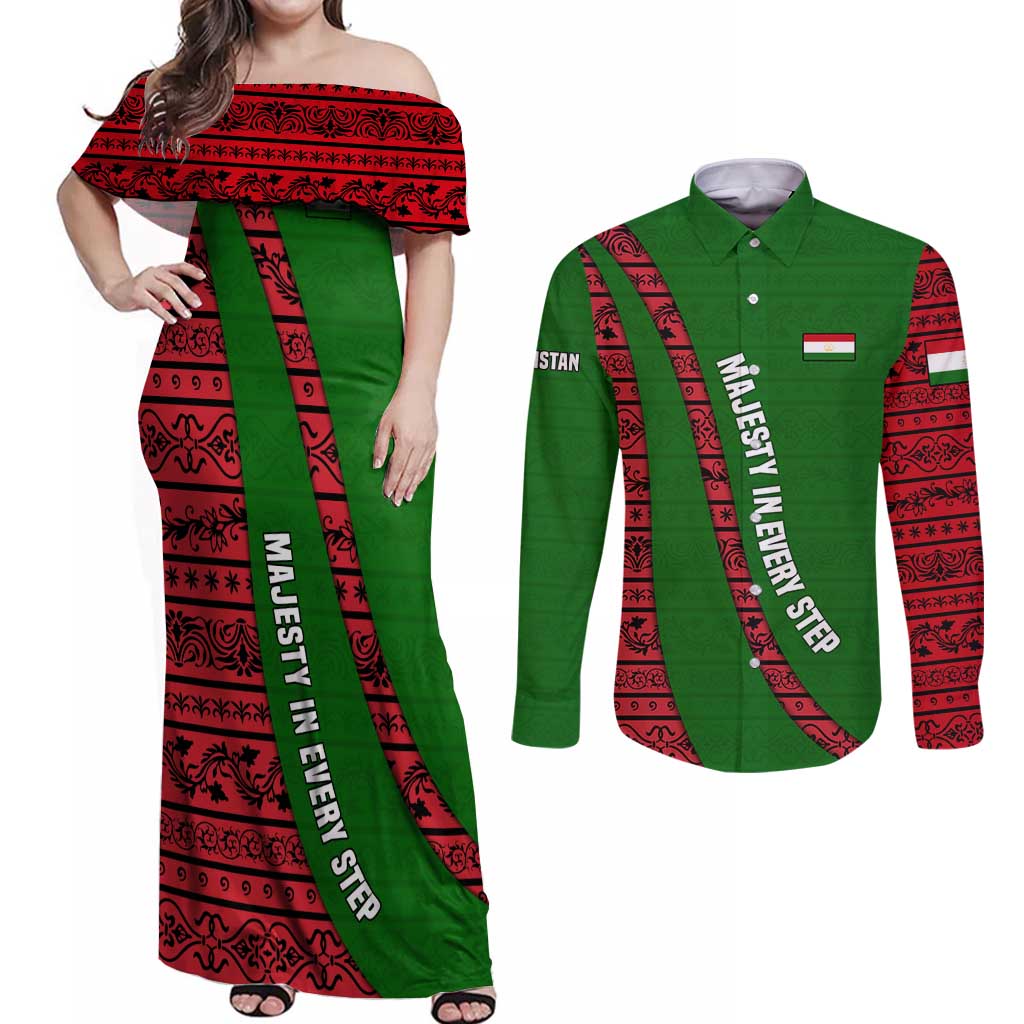 Tajikistan Green Lion Couples Matching Off Shoulder Maxi Dress and Long Sleeve Button Shirt with Red Folk Pattern with Majestic Script