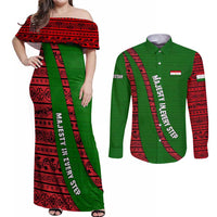 Tajikistan Green Lion Couples Matching Off Shoulder Maxi Dress and Long Sleeve Button Shirt with Red Folk Pattern with Majestic Script