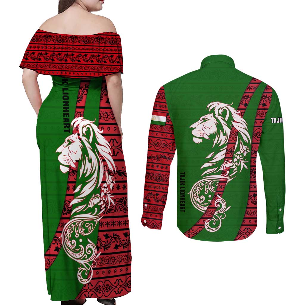 Tajikistan Green Lion Couples Matching Off Shoulder Maxi Dress and Long Sleeve Button Shirt with Red Folk Pattern with Majestic Script