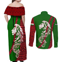 Tajikistan Green Lion Couples Matching Off Shoulder Maxi Dress and Long Sleeve Button Shirt with Red Folk Pattern with Majestic Script