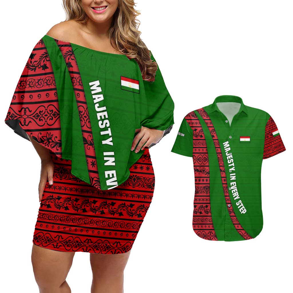 Tajikistan Green Lion Couples Matching Off Shoulder Short Dress and Hawaiian Shirt with Red Folk Pattern with Majestic Script
